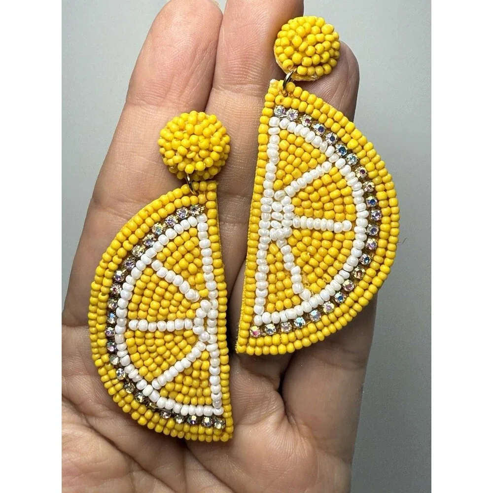 N By Noir Yellow Sead Bead & Rhinestone Beaded  Lemon Slice Dangle Earrings